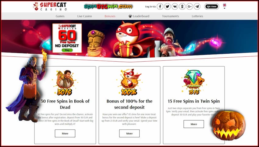 Get welcome bonuses and free spins with no deposit in the casino Super Cat is in the photo.