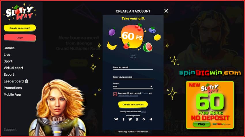 Complete the registration process in the casino SlottyWay  and get 60 no deposit spins for new players is in this photo.