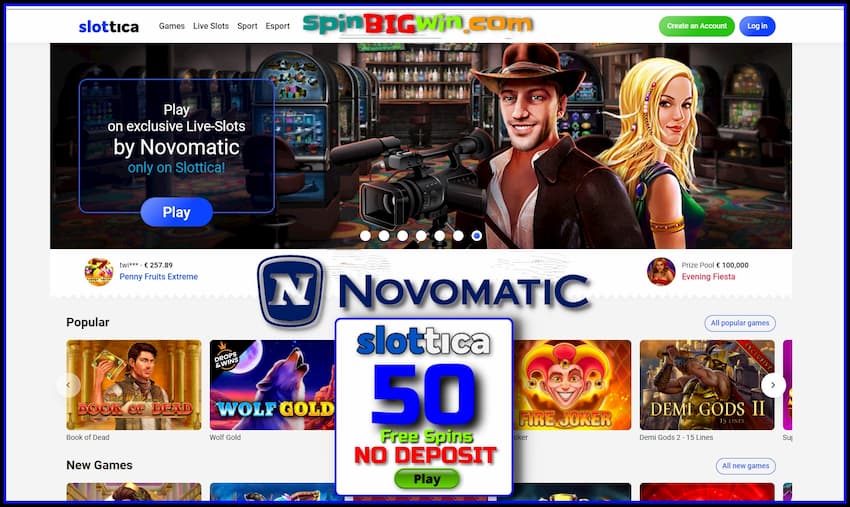 Slottica Casino (Review) Live Novomatic and 50FS No Deposit is in the photo!