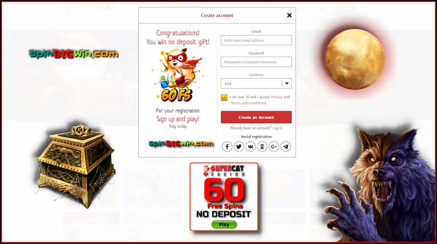 Registration in the casino Super Cat and Free Spins with No Deposit is in the photo.