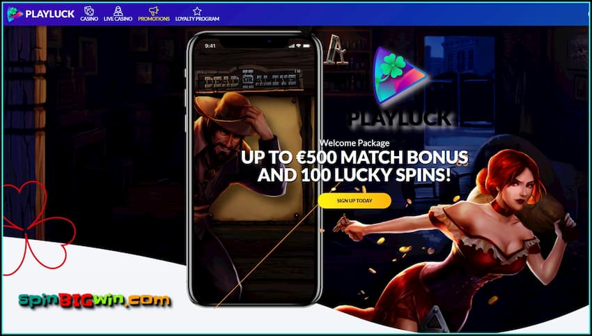 Get Up to a €500 bonus and 100 lucky spins in the Mobile Casino PlayLuck are on the photo.