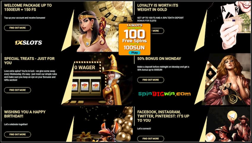 Promotions, Special Offers and Bonuses at 1xSlots Casino are in the photo.