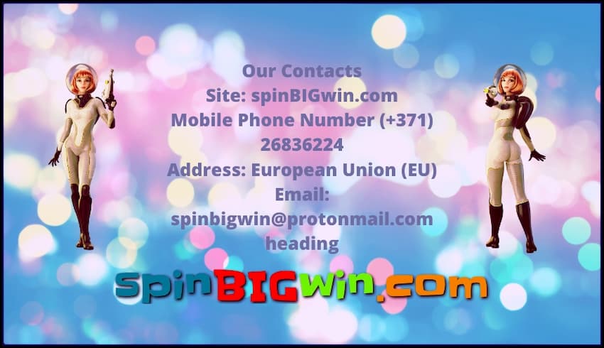 Contacts of the multilingual international online casino portal spinBIGwin.com are in this image.