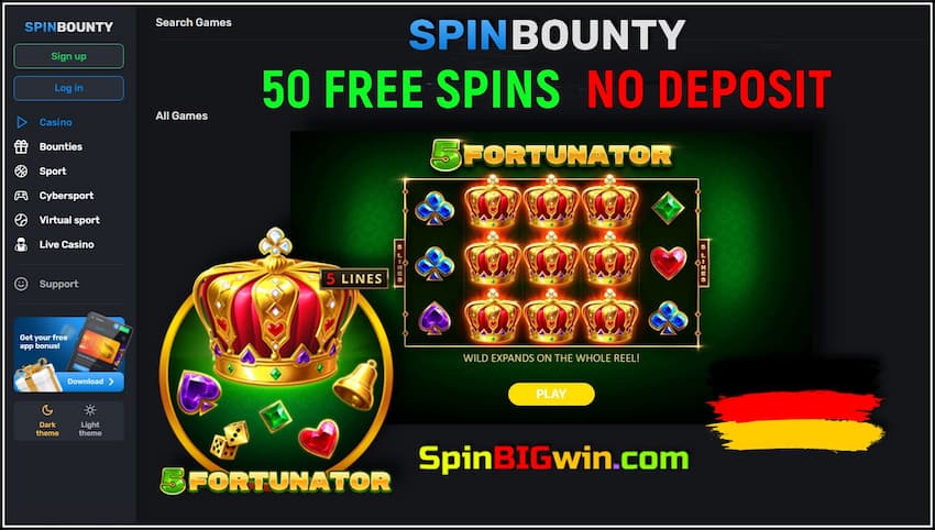 Players from Germany will get 50 free spins with no deposit on the 5 Fortunator slot machine at the new SpinBounty Casino is in the picture.