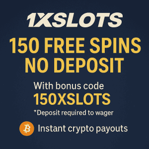 1XSLOTS promo graphic highlighting 150 free spins no-deposit offer with code 150XSLOTS and instant crypto payouts
