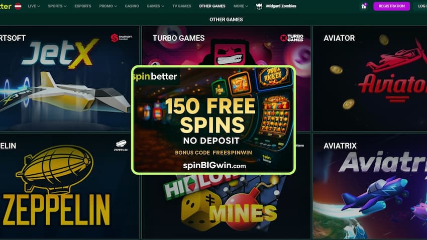 Illustrated scene with slots, stacks of coins, and bright text “150 FREE SPINS – BONUS CODE FREESPINWIN” in gold and purple hues.