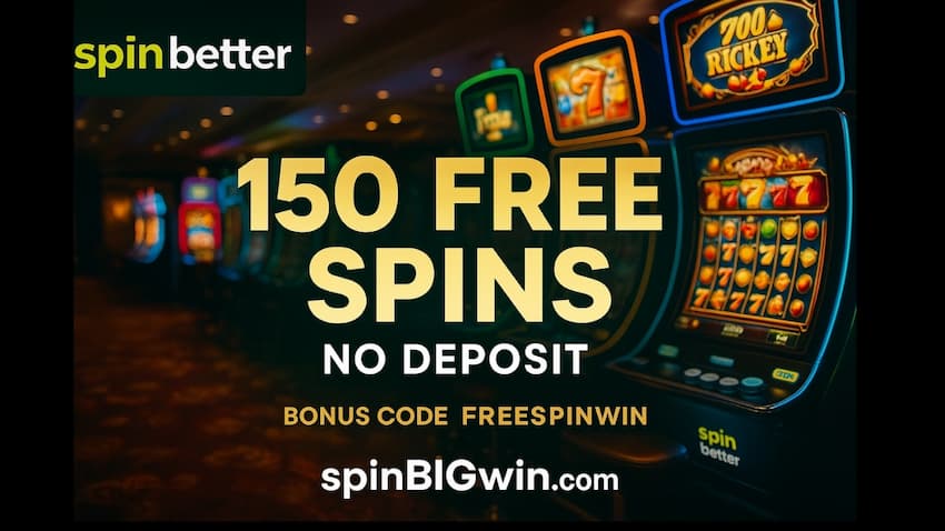 Vertical ad: SpinBetter logo at top, gold lettering “150 FREE SPINS,” sub-line “NO DEPOSIT,” and bonus code “FREESPINWIN,” set against a blurred esports section of the website.