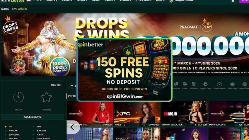 Promotional graphic featuring a purple slot machine, a stylish woman holding a gold coin, and glowing yellow headline “150 Free Spins, No Deposit,” with the bonus code highlighted in neon.