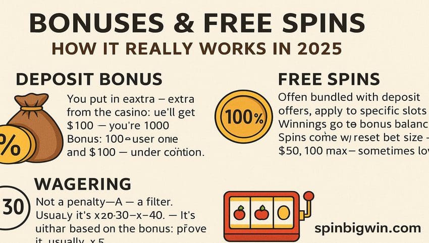 Visual guide to deposit bonuses and free spins in 2025, featuring slot icons, bonus icons, and branded spinbigwin.com layout
