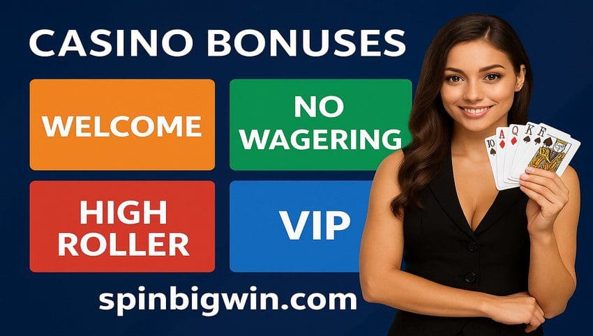 Attractive casino croupier holding royal flush next to colorful blocks highlighting Welcome, VIP, and High Roller bonuses – spinbigwin.com