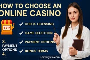 Step-by-step online casino selection guide with female advisor holding notebook, featuring licensing, games, payments, and bonus terms – spinbigwin.com