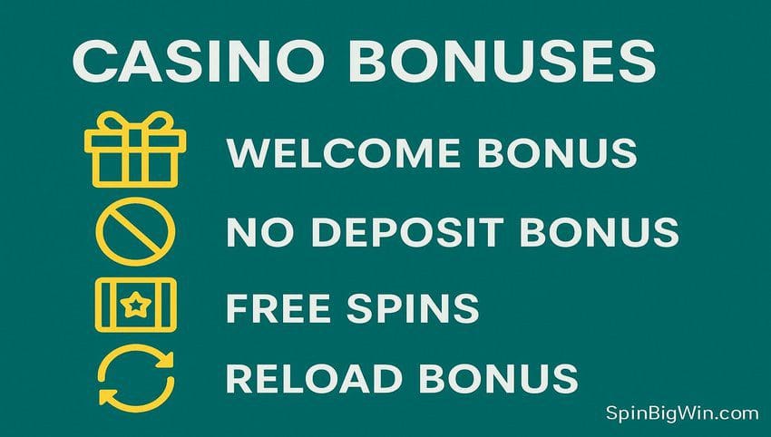 Casino bonuses overview with female dealer in black vest pointing at bonus types like No Deposit, Free Spins, and Reload – spinbigwin.com